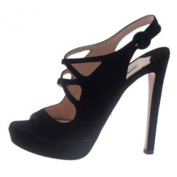 Pre Owned صندل برادا جلد أسود سويدي بحزام للكاحل مقاس 38.5