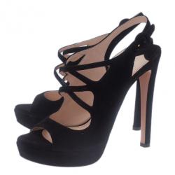 Pre Owned صندل برادا جلد أسود سويدي بحزام للكاحل مقاس 38.5