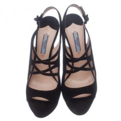 Pre Owned صندل برادا جلد أسود سويدي بحزام للكاحل مقاس 38.5