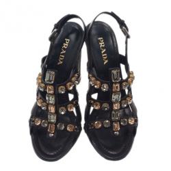 مملوكة مسبقًا Prada Black Embellished Leather Strappy Sandals Size 37.5