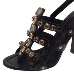 مملوكة مسبقًا Prada Black Embellished Leather Strappy Sandals Size 37.5