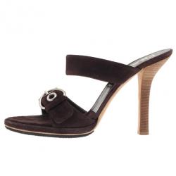 Pre Owned Prada Brown Suede Buckle Detail Slides Size 40