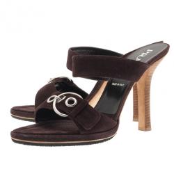 Pre Owned Prada Brown Suede Buckle Detail Slides Size 40