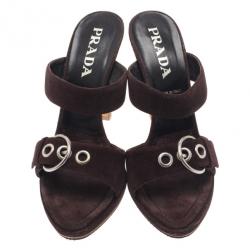 Pre Owned Prada Brown Suede Buckle Detail Slides Size 40