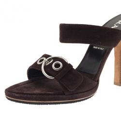 Pre Owned Prada Brown Suede Buckle Detail Slides Size 40