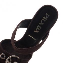 Pre Owned Prada Brown Suede Buckle Detail Slides Size 40
