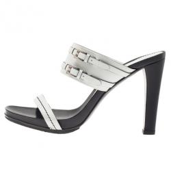 Pre Owned Prada White Leather Buckle Detail Slides Size 40