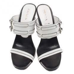 Pre Owned Prada White Leather Buckle Detail Slides Size 40