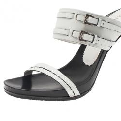 Pre Owned Prada White Leather Buckle Detail Slides Size 40