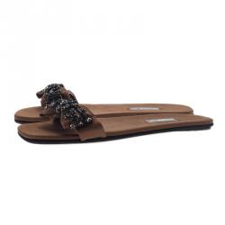 مملوكة مسبقًا Prada for Harrods Brown Satin Embellished Bow Slides Size 39