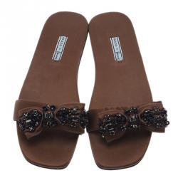 مملوكة مسبقًا Prada for Harrods Brown Satin Embellished Bow Slides Size 39