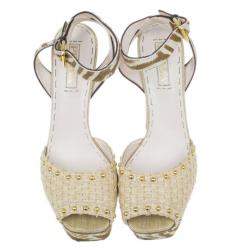 مملوكة مسبقًا Prada Beige Raffia Ankle Strap Sandals Size 39