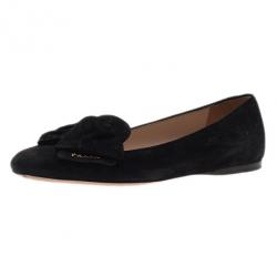 Pre Owned Prada Black Suede Bow Smoking Slippers Size 36.5