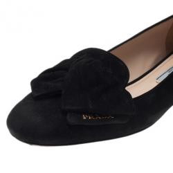 Pre Owned Prada Black Suede Bow Smoking Slippers Size 36.5