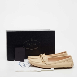 Pre Owned Prada Cream Leather Bar Driver Slip on Loafers Size 37.5