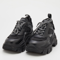 Pre Owned Prada Black Leather And Nylon Pegasus Low Top Sneakers Size 38.5
