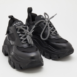 Pre Owned Prada Black Leather And Nylon Pegasus Low Top Sneakers Size 38.5