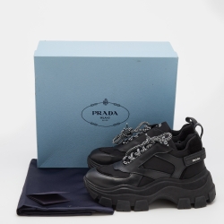 Pre Owned Prada Black Leather And Nylon Pegasus Low Top Sneakers Size 38.5