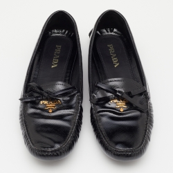 Pre Owned Prada Black Patent Leather Bow Slip On Loafers Size 38