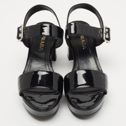 Prada Black Patent Ankle Strap Platform Sandals Size 38.5