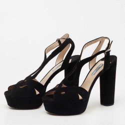 Prada Black Suede Block Heel Ankle Strap Sandals Size 41 
