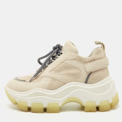 Prada Beige Suede and Leather Lace Up Low Top Sneakers Size 36