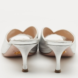 Pre Owned Prada Silver Saffiano Leather Peep Toe Mules Size 38.5