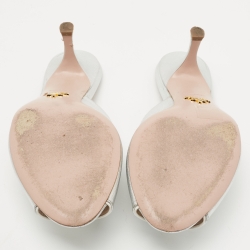 Pre Owned Prada Silver Saffiano Leather Peep Toe Mules Size 38.5