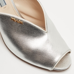 Pre Owned Prada Silver Saffiano Leather Peep Toe Mules Size 38.5