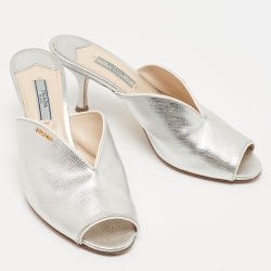 Pre Owned Prada Silver Saffiano Leather Peep Toe Mules Size 38.5