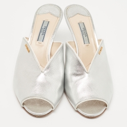 Pre Owned Prada Silver Saffiano Leather Peep Toe Mules Size 38.5