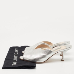 Pre Owned Prada Silver Saffiano Leather Peep Toe Mules Size 38.5
