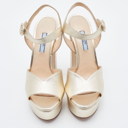 Prada Gold Leather Platform Block Heel Ankle Strap Sandals Size 38