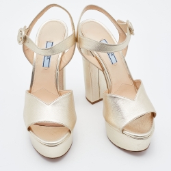 Prada Gold Leather Platform Block Heel Ankle Strap Sandals Size 38