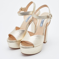 Prada Gold Leather Platform Block Heel Ankle Strap Sandals Size 38