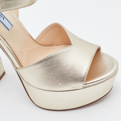 Prada Gold Leather Platform Block Heel Ankle Strap Sandals Size 38