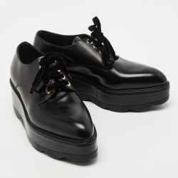Prada Black Leather Lace Up Wedge Derby Sneakers Size 37.5  