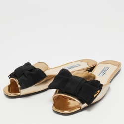 Prada Gold Leather Bow Slide Flats Size 37.5