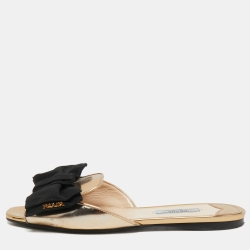 Prada Gold Leather Bow Slide Flats Size 37.5