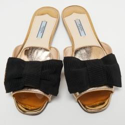 Prada Gold Leather Bow Slide Flats Size 37.5