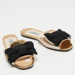 Prada Gold Leather Bow Slide Flats Size 37.5