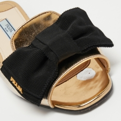 Prada Gold Leather Bow Slide Flats Size 37.5