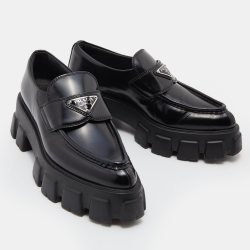 Prada Black Leather Monolith Platform Loafers Size 36.5