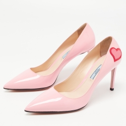 Pre Owned Prada Pink Patent Leather Heart Patch Pumps Size 40.5