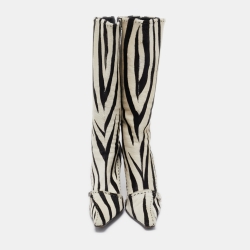 Pre Owned Prada Black/White Calf hair Zebra Printed Knee Length Boots Size 41