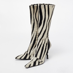 Pre Owned Prada Black/White Calf hair Zebra Printed Knee Length Boots Size 41