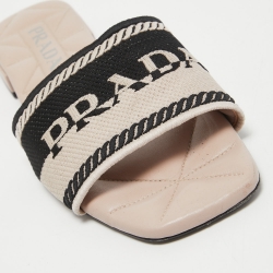 Pre Owned Prada Beige/Black Logo Print Canvas Flat Slides Size 38.5
