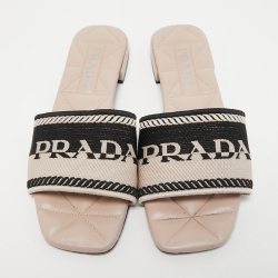 Pre Owned Prada Beige/Black Logo Print Canvas Flat Slides Size 38.5