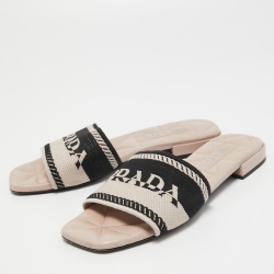 Pre Owned Prada Beige/Black Logo Print Canvas Flat Slides Size 38.5