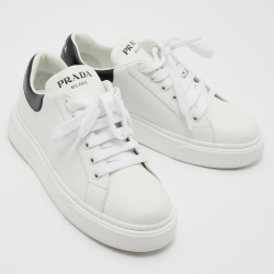 Pre Owned Prada White/Black Leather Macro Lace Up Sneakers Size 37
